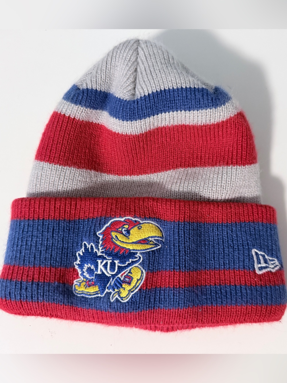 New Era Kids Beanie - Red, Blue & Gray Stripes with Jayhawk Patch
